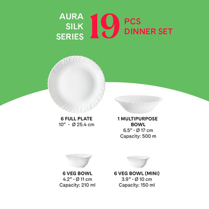 Larah by Borosil Aura 19 pc Dinner Set 19 pc Set: Serves 6