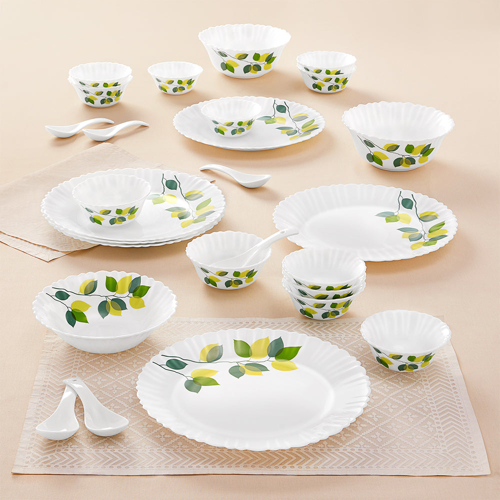 Larah by Borosil Green Leaves 27 pc Dinner Set 27 pc Set: Serves 6