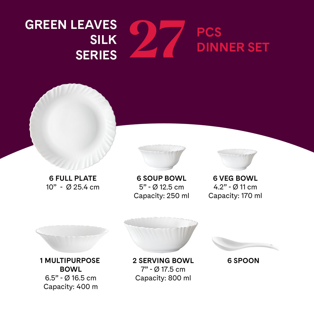 Larah by Borosil Green Leaves 27 pc Dinner Set 27 pc Set: Serves 6