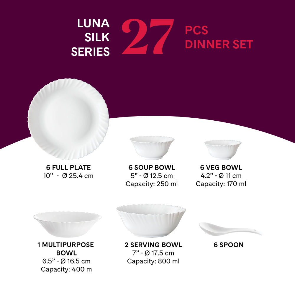 Larah by Borosil, Luna Dinner Set 27 pc Set: Serves 6