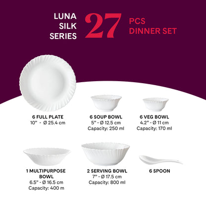 Larah by Borosil, Luna Dinner Set 27 pc Set: Serves 6