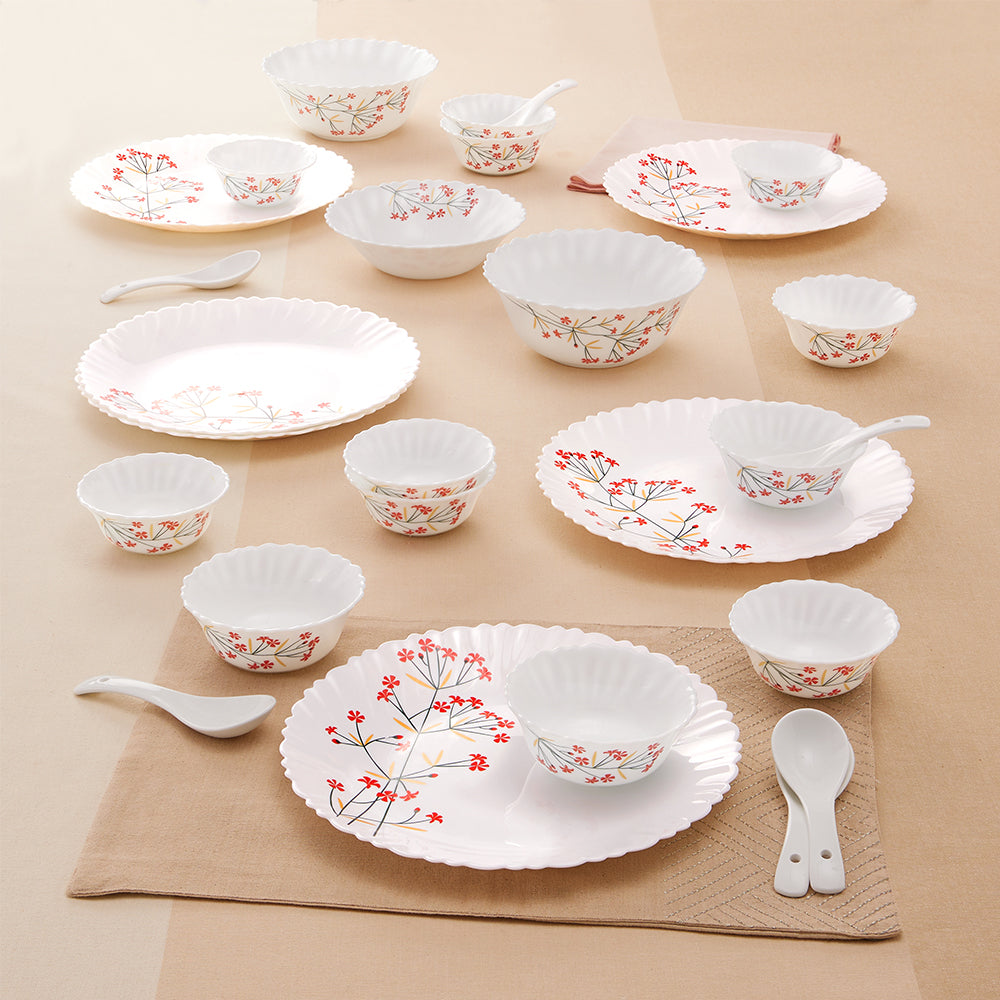 Larah by Borosil Red Bud 27 pc Dinner Set 27 pc Set: Serves 6