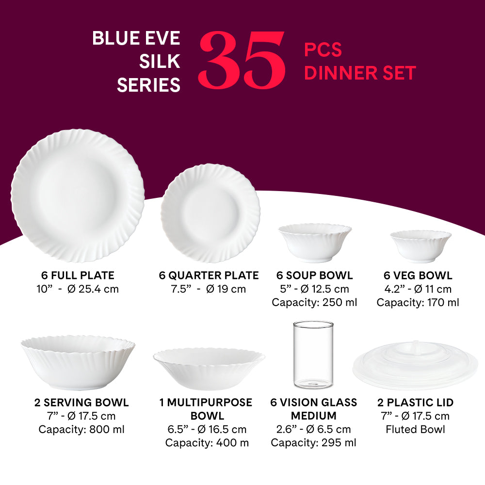 Larah by Borosil Blue Eve 35 pc Dinner Set w Vision Glass 35 pc Set: Serves 6