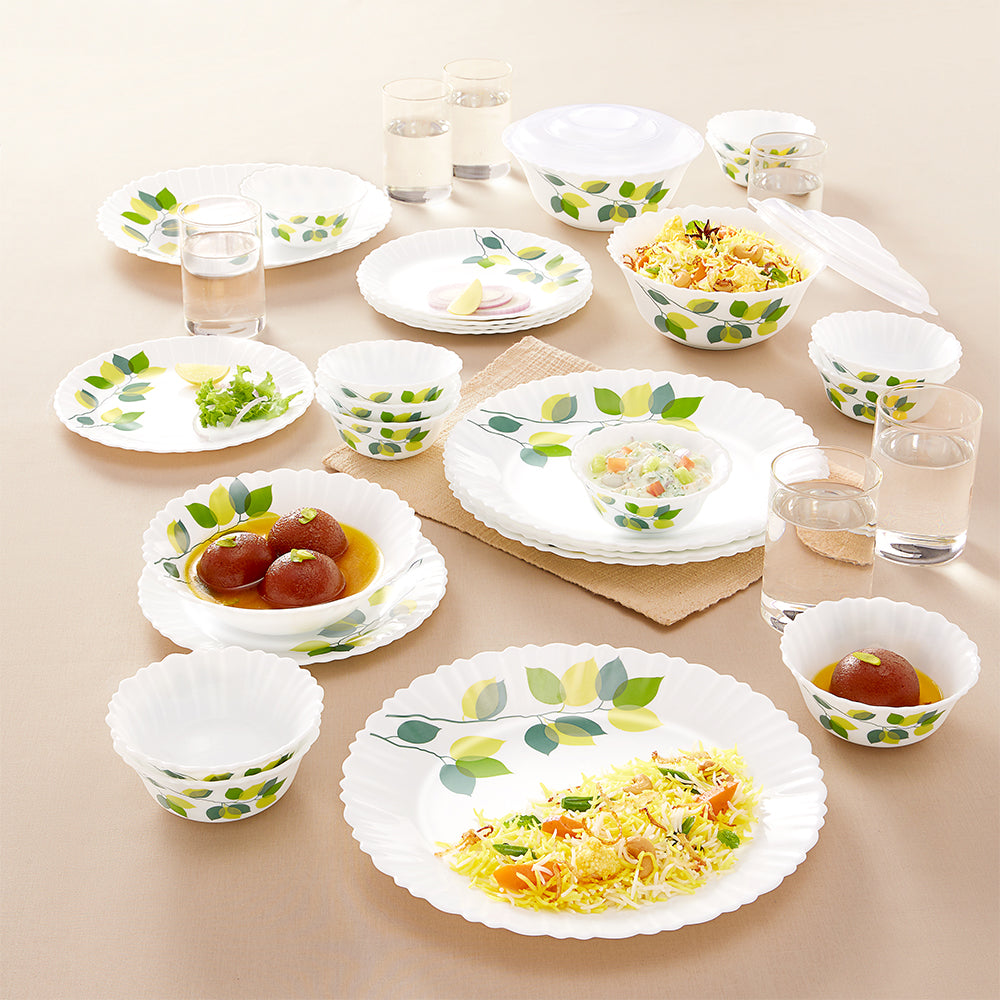 Larah by Borosil Green Leaves 35 pc Dinner Set w Vision Glass 35 pc Set: Serves 6
