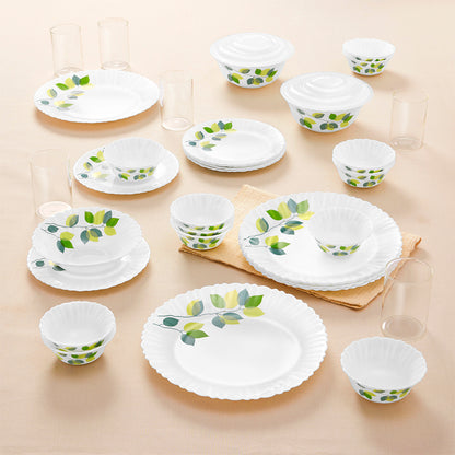 Larah by Borosil Green Leaves 35 pc Dinner Set w Vision Glass 35 pc Set: Serves 6