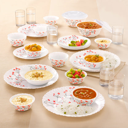 Larah by Borosil Red Bud 35 pc Dinner Set w Vision Glass 35 pc Set: Serves 6