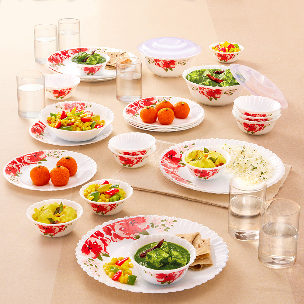 Larah by Borosil Rose Red 35 pc Dinner Set w Vision Glass 35 pc Set: Serves 6