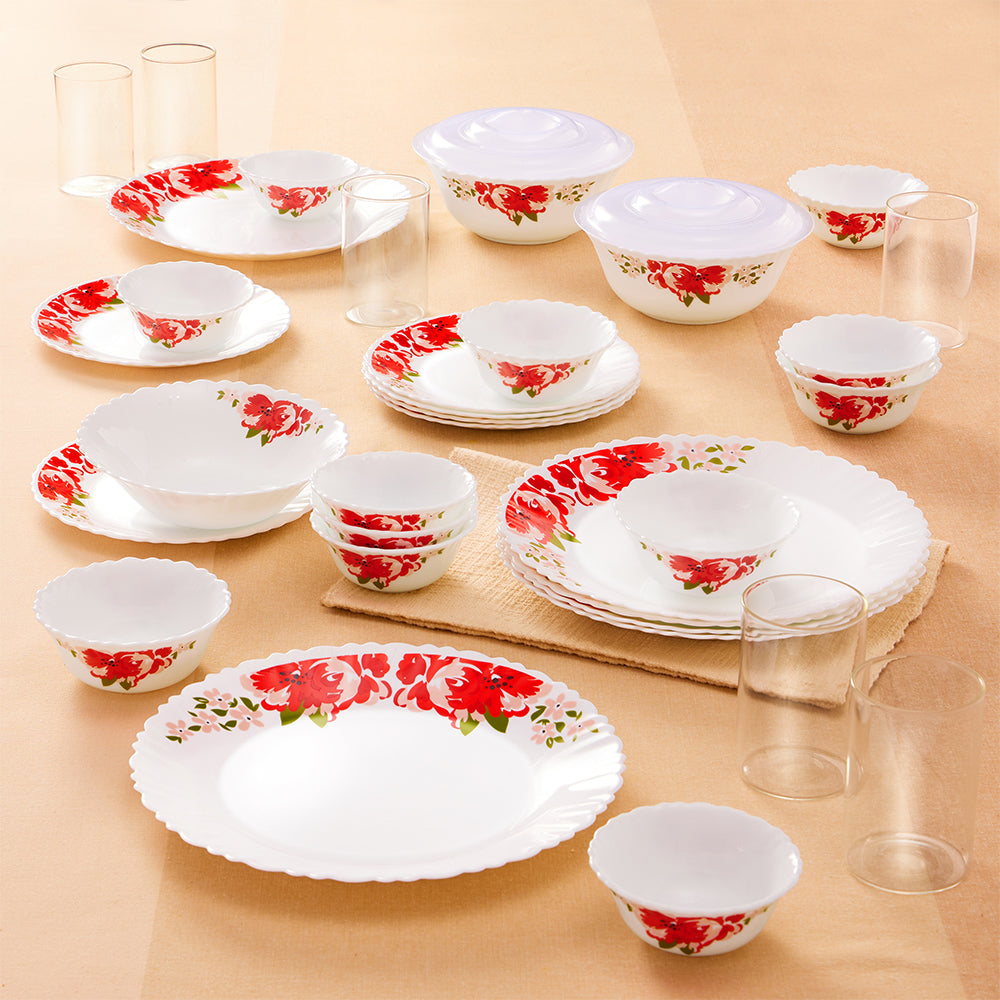 Larah by Borosil Rose Red 35 pc Dinner Set w Vision Glass 35 pc Set: Serves 6