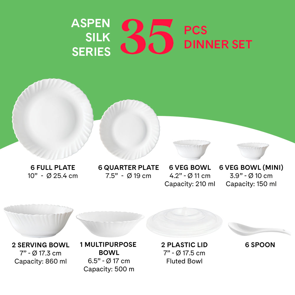Larah by Borosil, Aspen Dinner Set 35 pc Set: Serves 6 (Option 2)