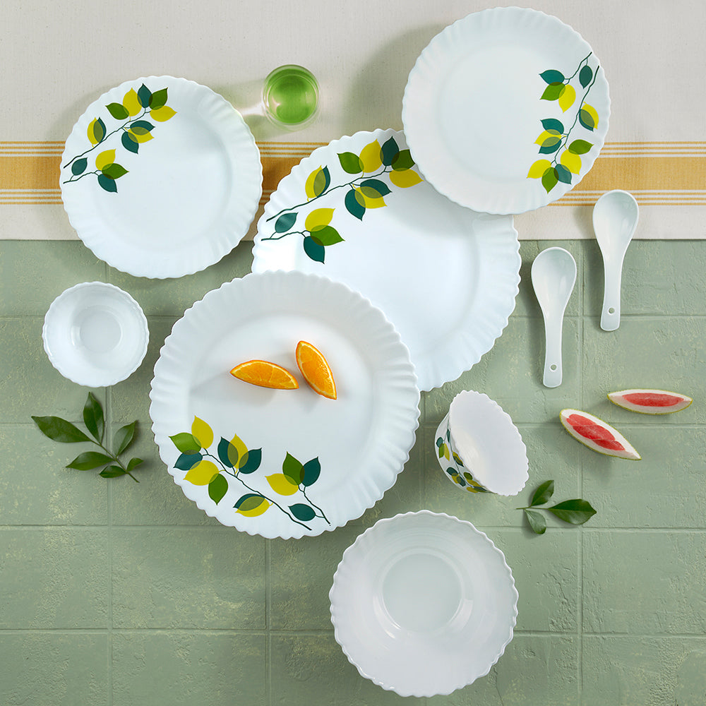 Larah by Borosil Green Leaves 35 pc Dinner Set 35 pc Set: Serves 6