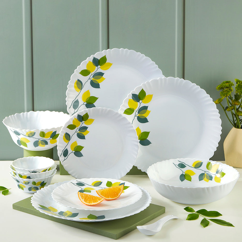 Larah by Borosil Green Leaves 35 pc Dinner Set 35 pc Set: Serves 6