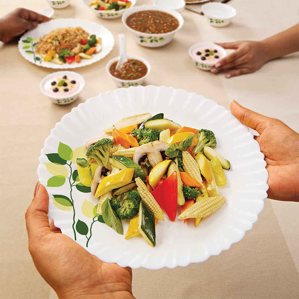 Larah by Borosil Green Leaves 35 pc Dinner Set 35 pc Set: Serves 6