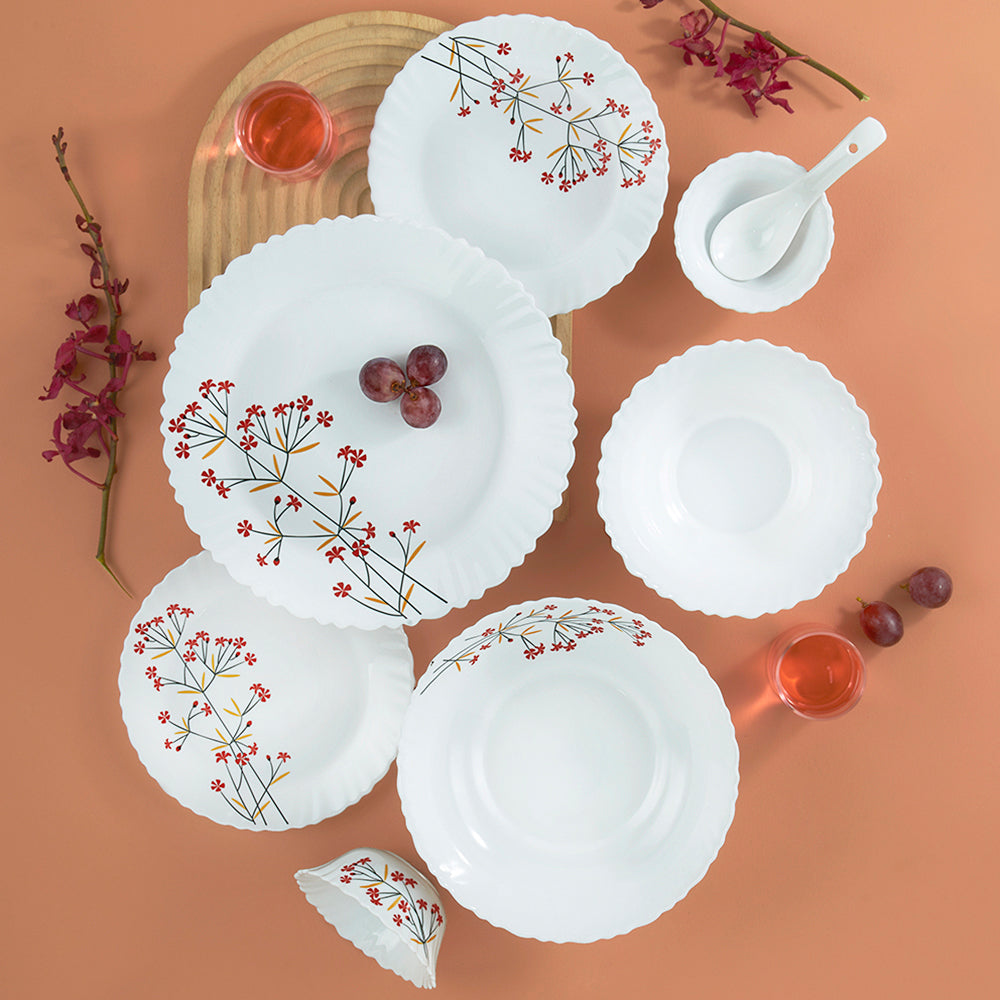 Larah by Borosil Red Bud 35 pc Dinner Set 35 pc Set: Serves 6