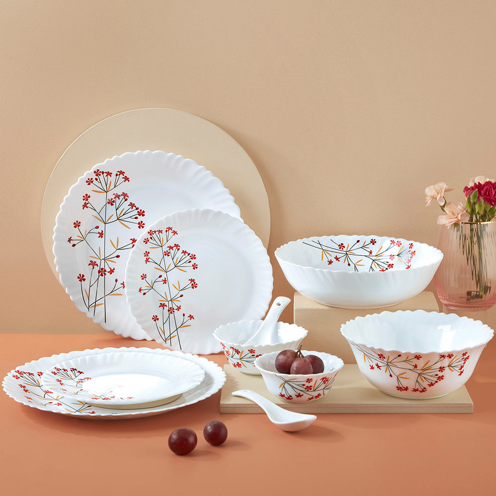 Larah by Borosil Red Bud 35 pc Dinner Set 35 pc Set: Serves 6