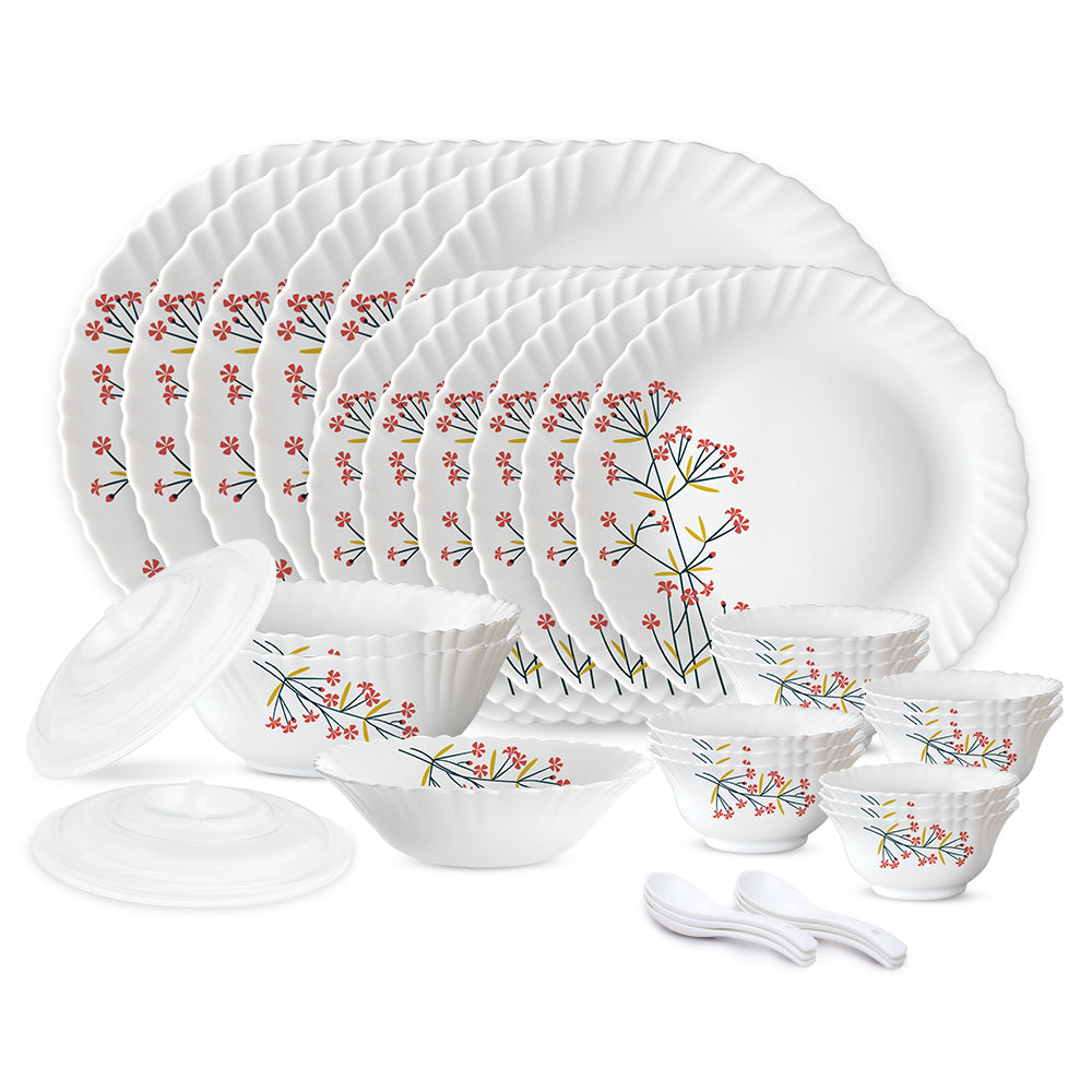 Larah by Borosil Red Bud 35 pc Dinner Set 35 pc Set: Serves 6
