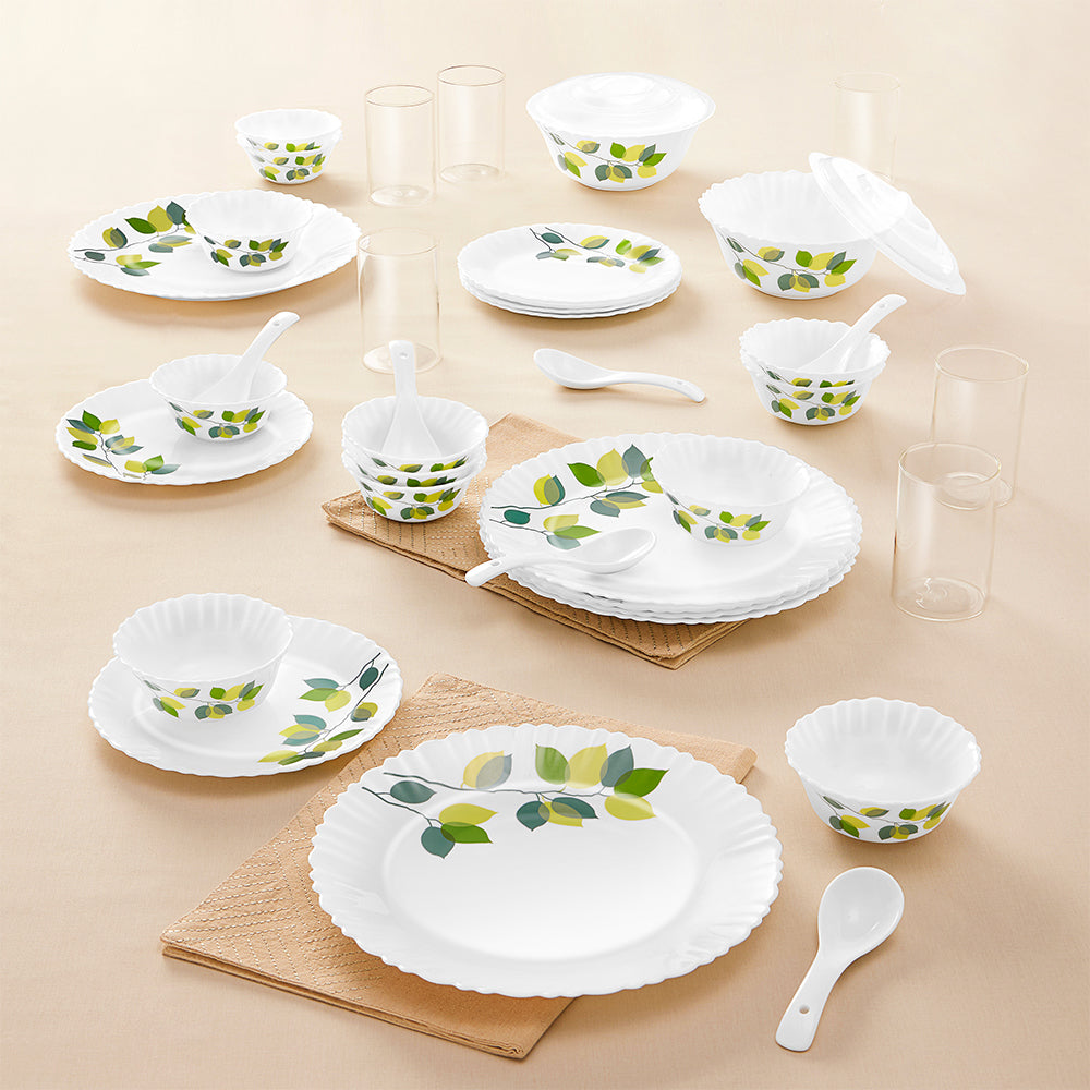 Larah by Borosil Green Leaves 40 pc Dinner Set 40 pc Set: Serves 6
