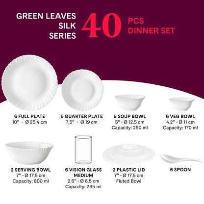 Larah by Borosil Green Leaves 40 pc Dinner Set 40 pc Set: Serves 6