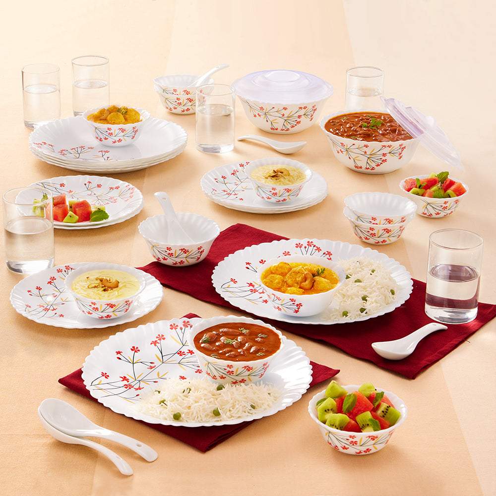 Larah by Borosil Red Bud 40 pc Dinner Set 40 pc Set: Serves 6