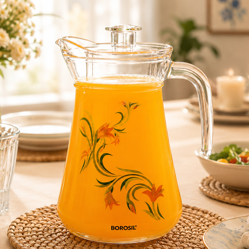 Amphora Glass Jug with Lid & Strainer, Yellow Lilly