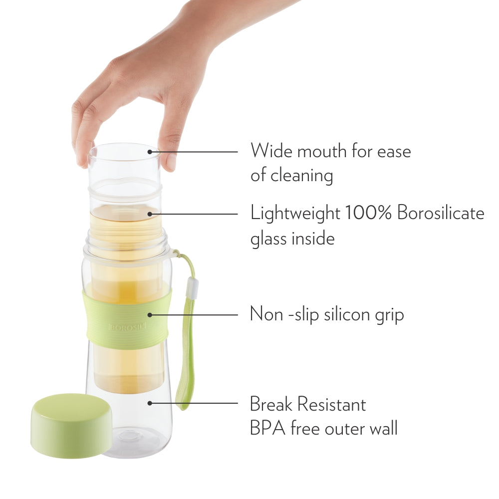 Borosil Glass Strong Green Bottle, 450ml