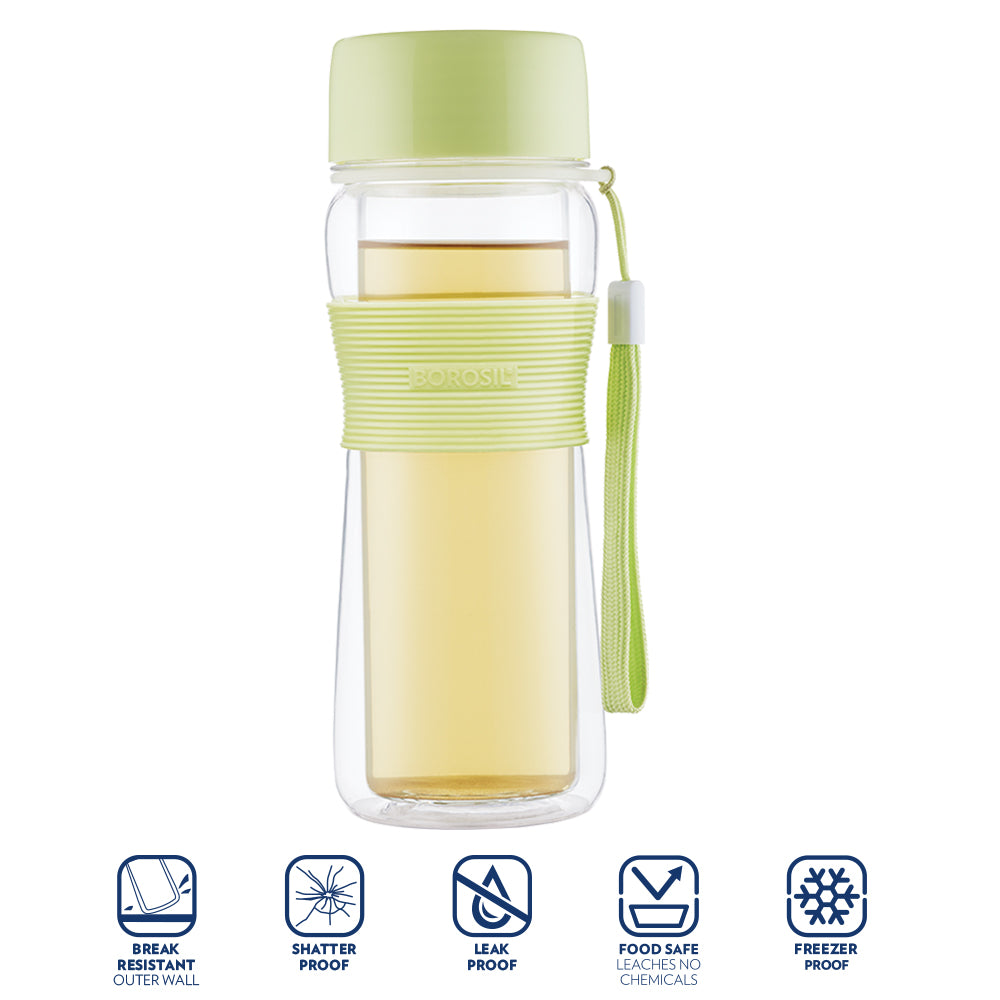 Borosil Glass Strong Green Bottle, 450ml