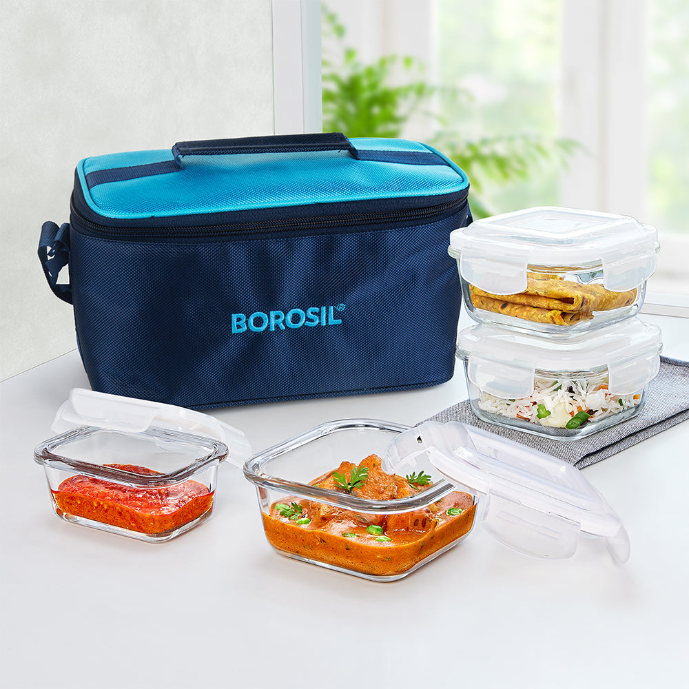 Alfa Aroma Blue Glass Lunch Box, Square x 4, Set of 4 (320ml x 3 + 120ml x 1)