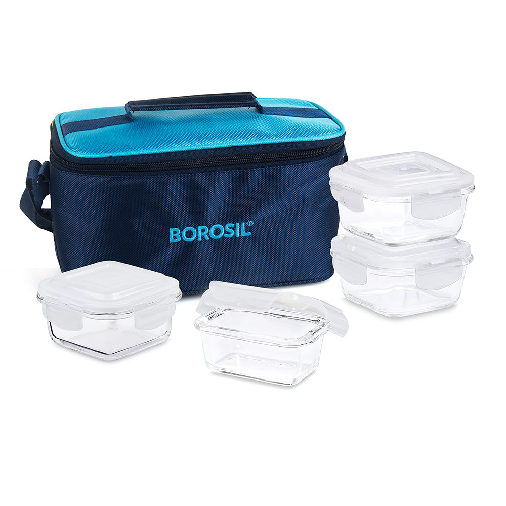 Alfa Aroma Blue Glass Lunch Box, Square x 4, Set of 4 (320ml x 3 + 120ml x 1)