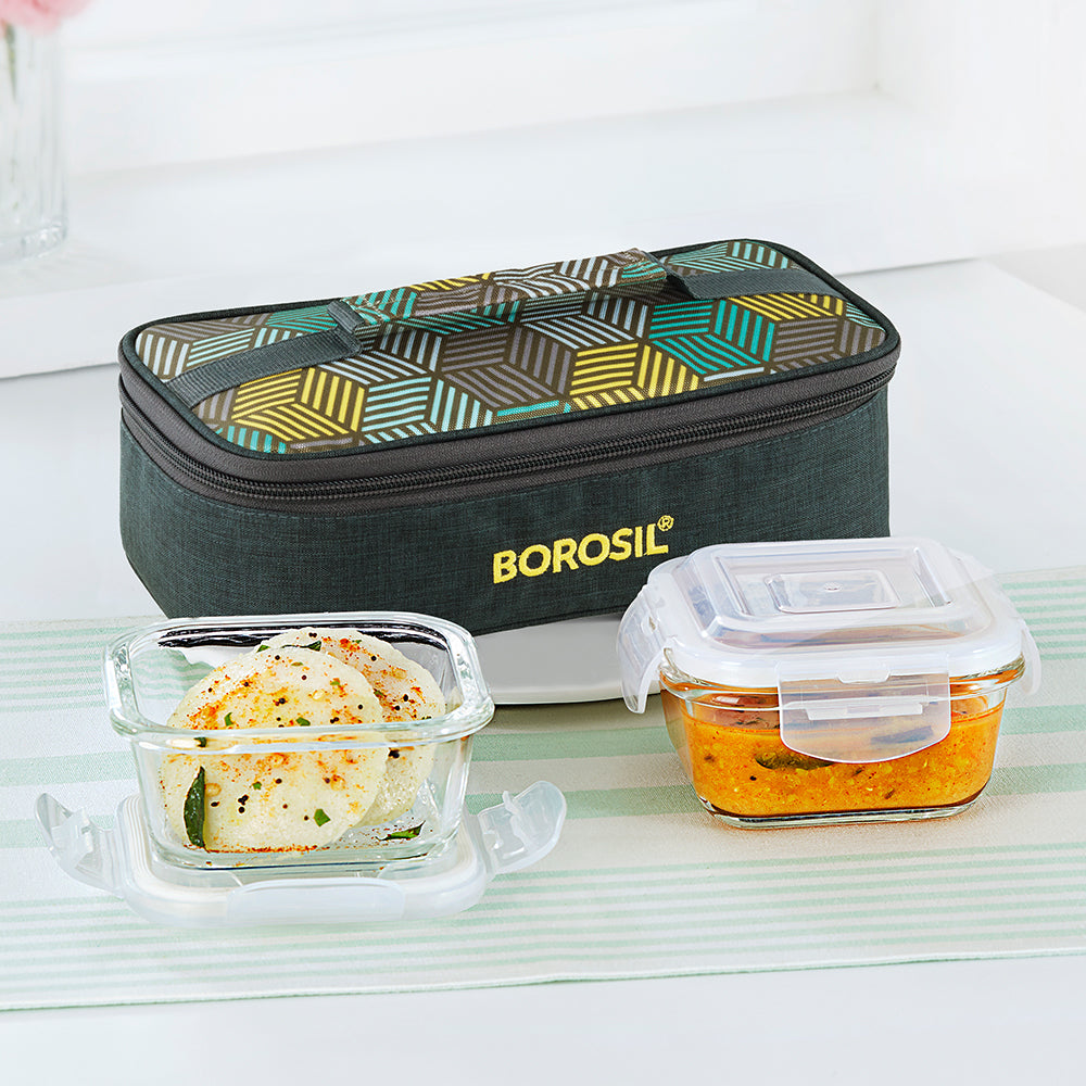 Borosil Foodluck Olive Glass Lunchbox, Square x 2 (Flat)