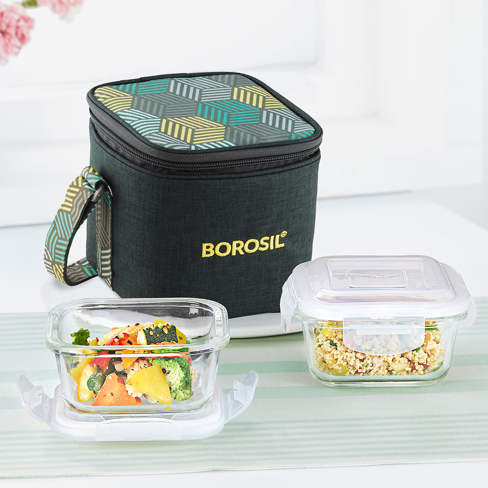 Borosil Foodluck Olive Glass Lunchbox, Square x 2 (Tall)