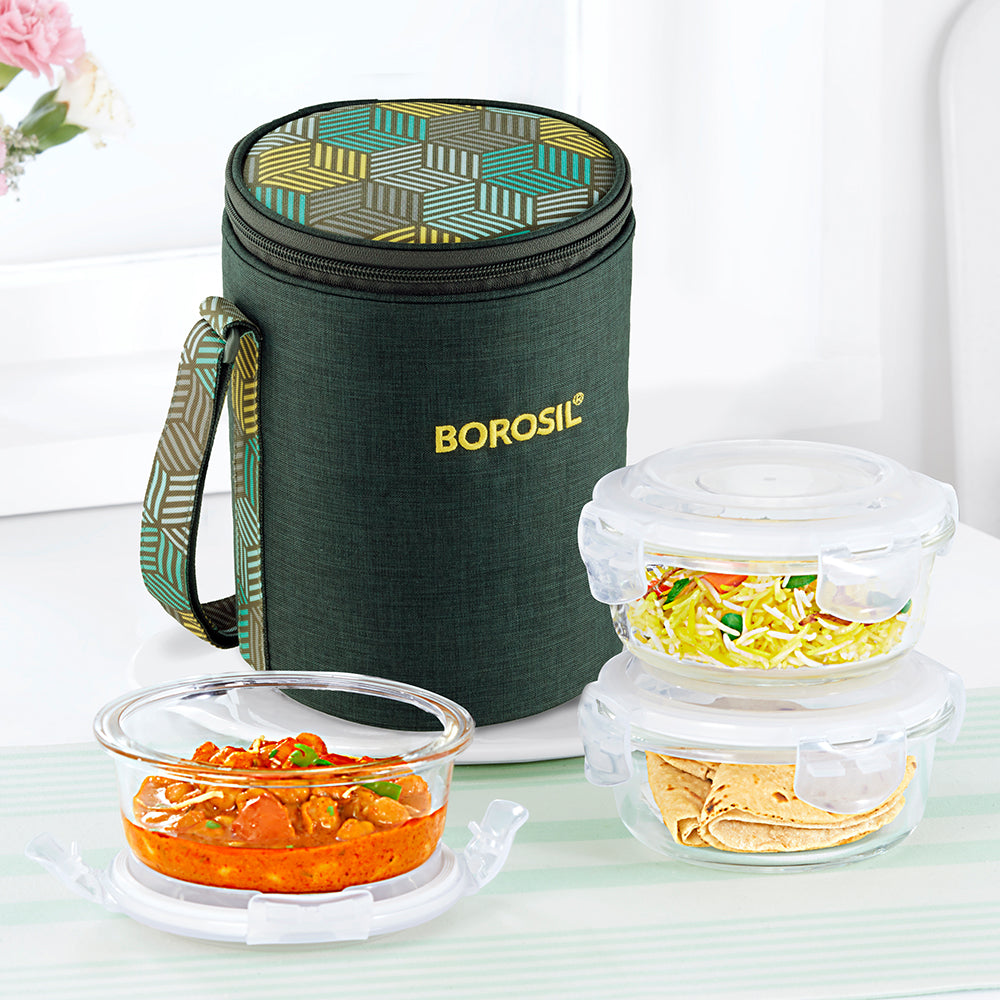 Borosil Foodluck Olive Glass Lunchbox, Round x 3