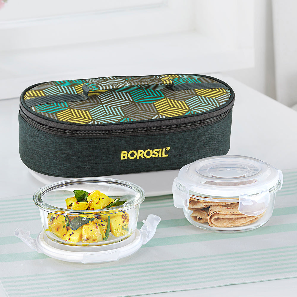 Borosil Foodluck Olive Glass Lunchbox, Round x 2 (Flat)