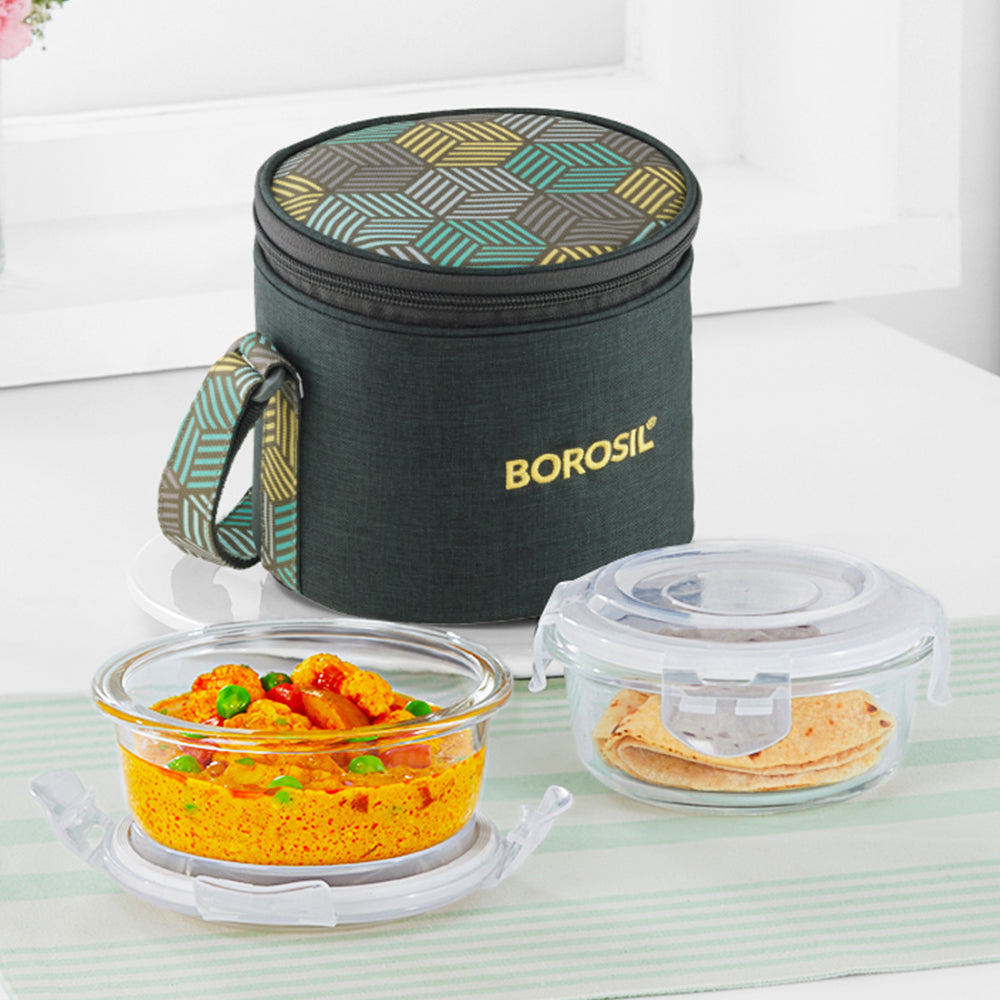 Borosil Foodluck Olive Glass Lunchbox, Round x 2 (Tall)