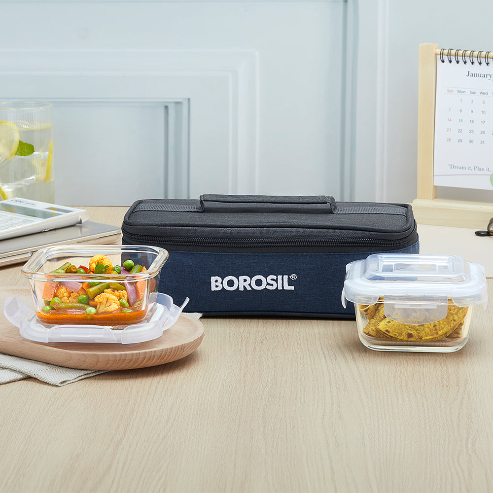 Elite Blue Grey Glass Lunch Box, Square x 2 (Flat), Set of 2, 320ml