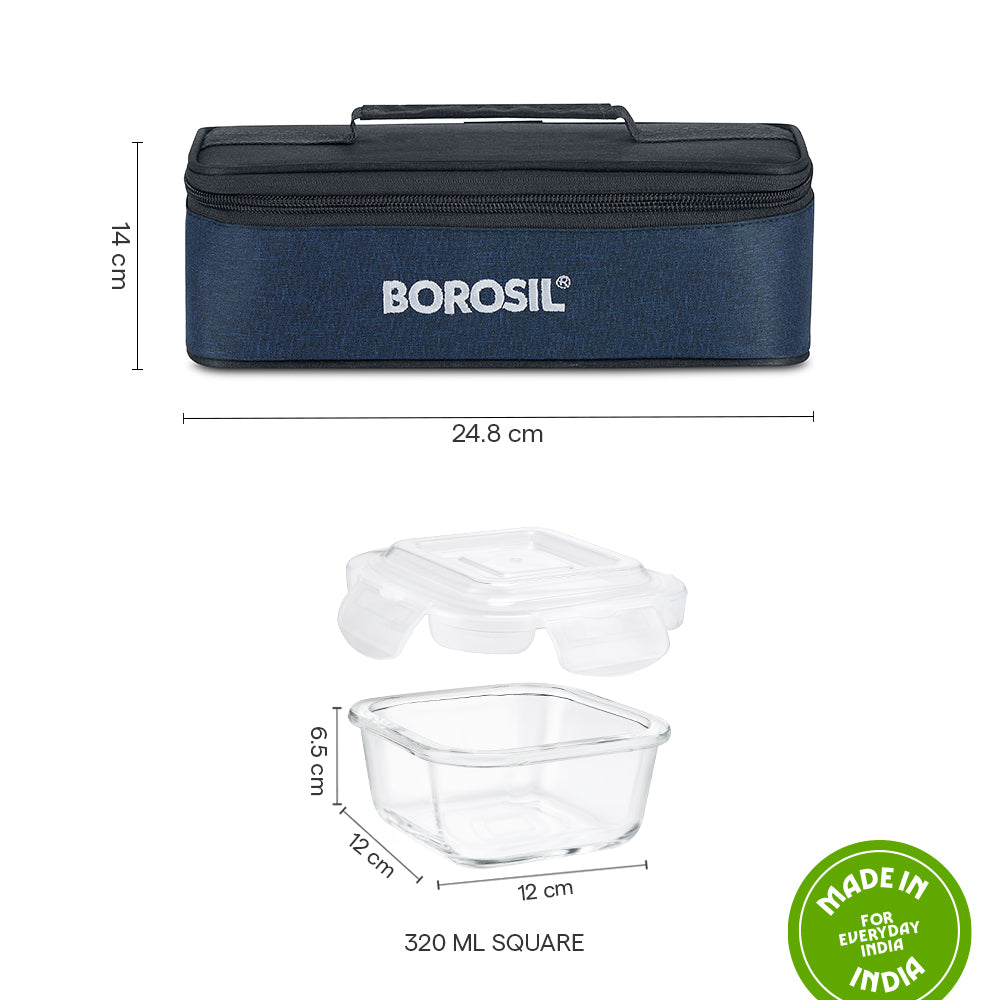 Elite Blue Grey Glass Lunch Box, Square x 2 (Flat), Set of 2, 320ml