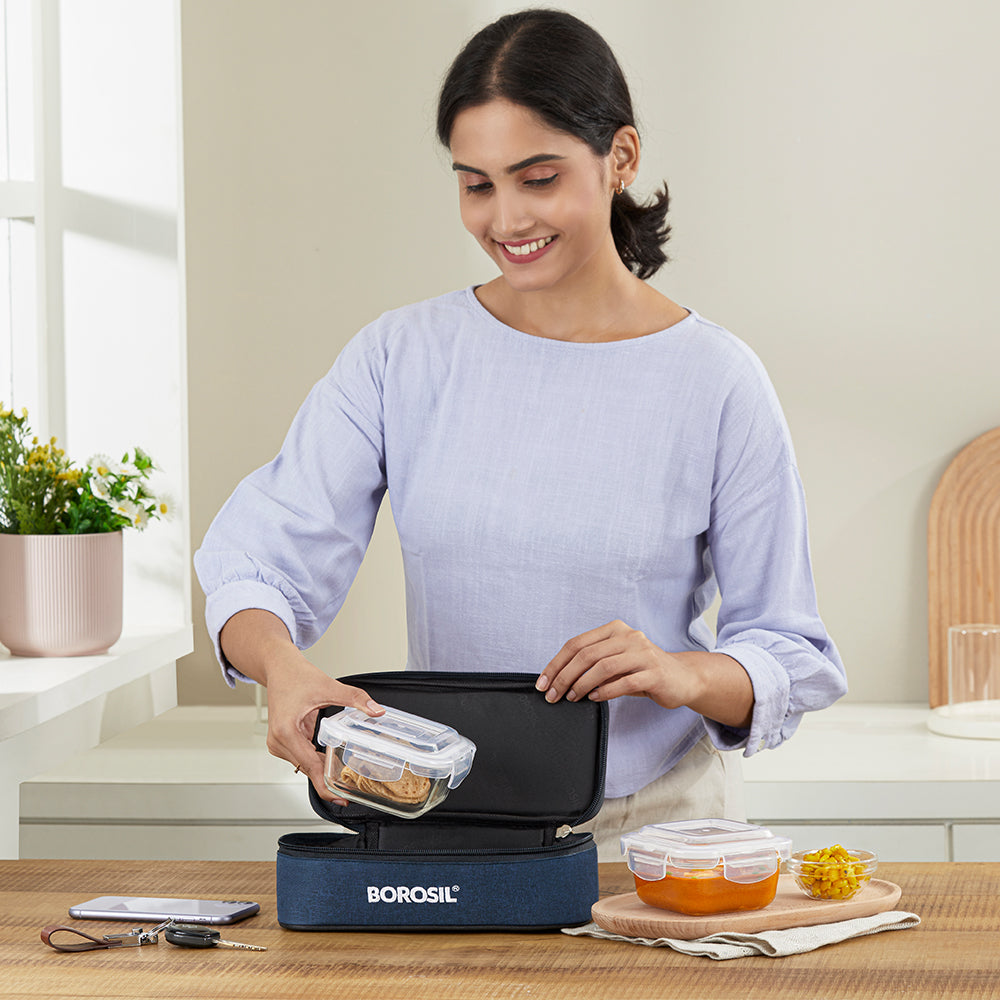 Elite Blue Grey Glass Lunch Box, Square x 2 (Flat), Set of 2, 320ml