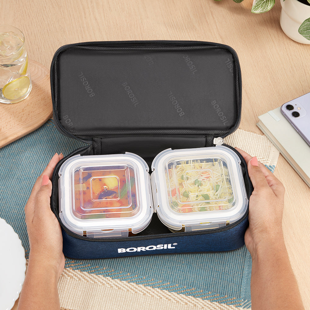 Elite Blue Grey Glass Lunch Box, Square x 2 (Flat), Set of 2, 320ml