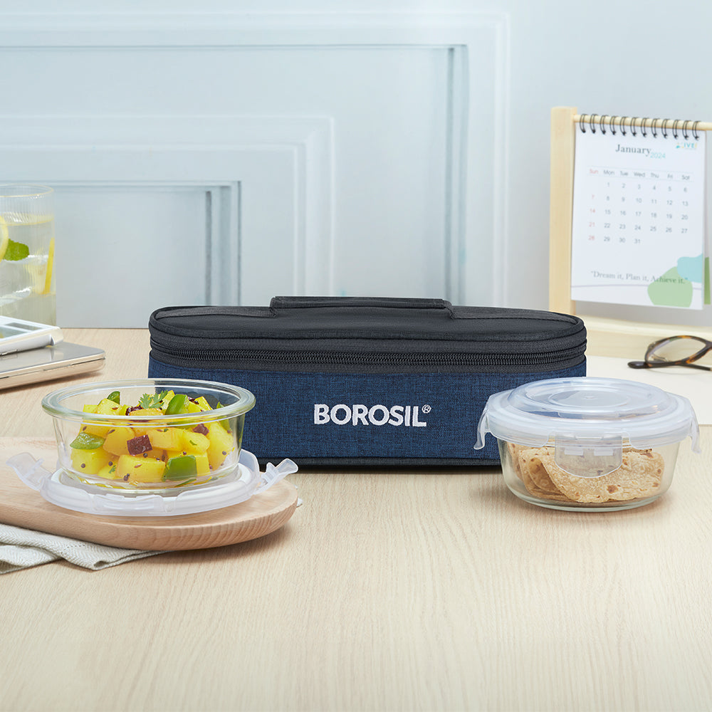 Elite Blue Grey Glass Lunch Box, Round x 2 (Flat), Set of 2, 400ml