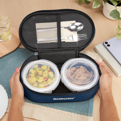 Elite Blue Gray Round Glass Lunch Box