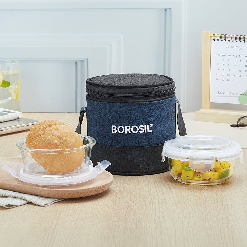 Elite Blue Grey Glass Lunch Box, Round x 2 (Tall), Set of 2, 400ml