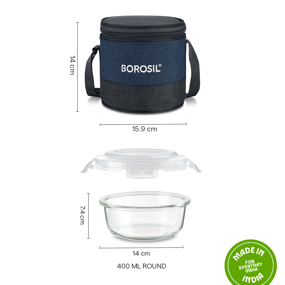 Elite Blue Grey Glass Lunch Box, Round x 2 (Tall), Set of 2, 400ml