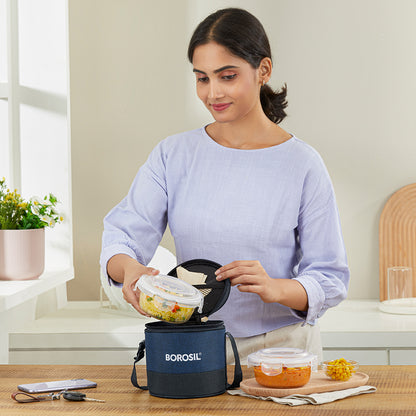 Elite Blue Gray Round Glass Lunch Box