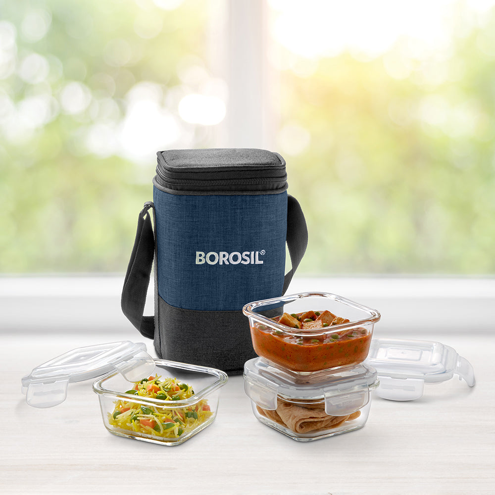 Elite Blue Grey Glass Lunch Box, Square x 3 (Tall), Set of 3, 320ml