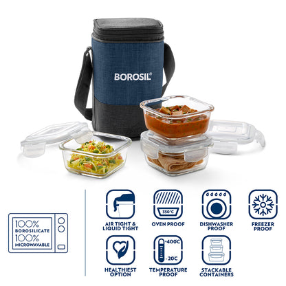 Elite Blue Gray Square Glass Lunch Box