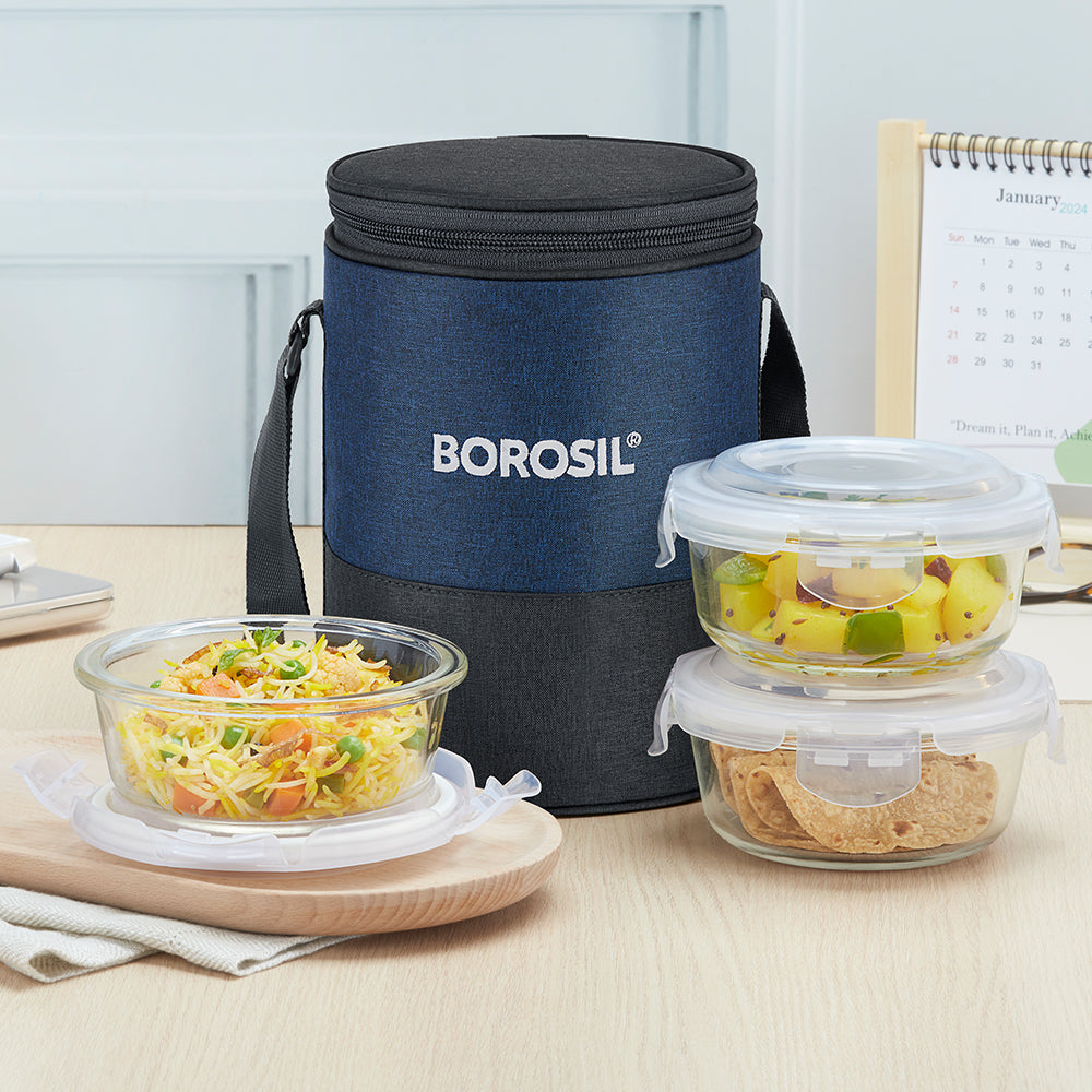 Elite Blue Grey Glass Lunch Box, Round x 3 (Tall), Set of 3, 400ml