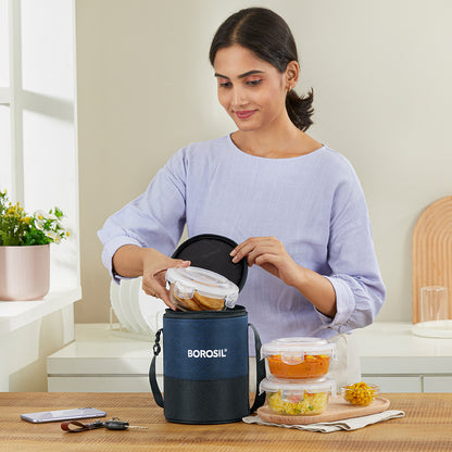 Elite Blue Gray Round Glass Lunch Box