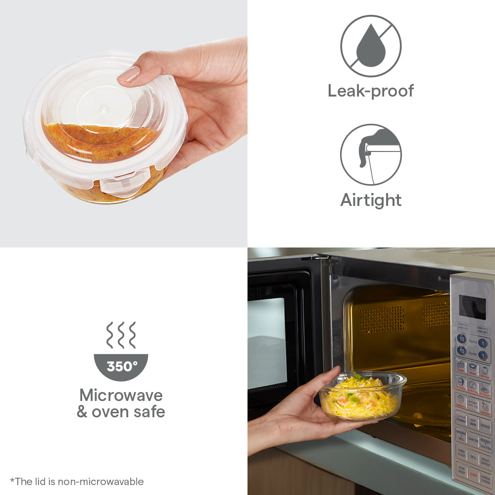 Elite Blue Grey Glass Lunch Box, Round x 3 (Tall), Set of 3, 400ml