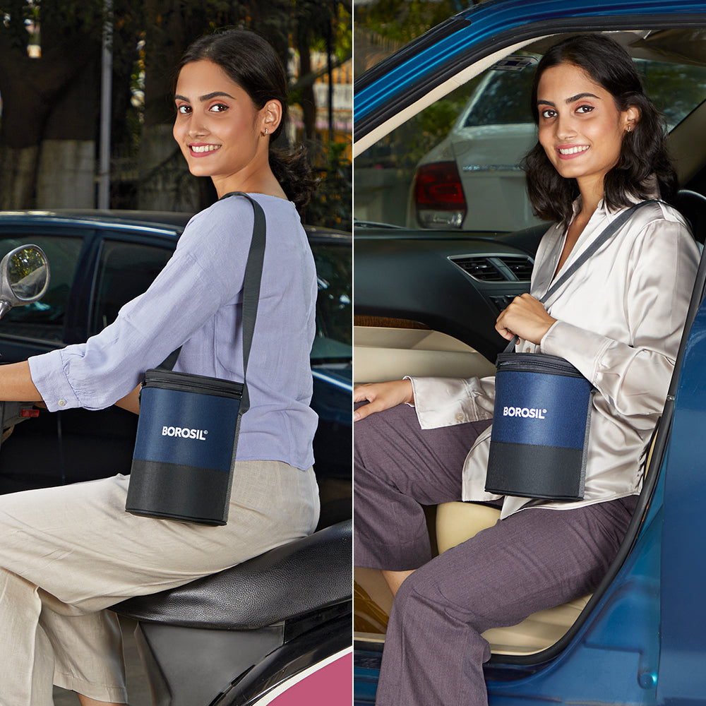 Elite Blue Grey Glass Lunch Box, Round x 3 (Tall), Set of 3, 400ml