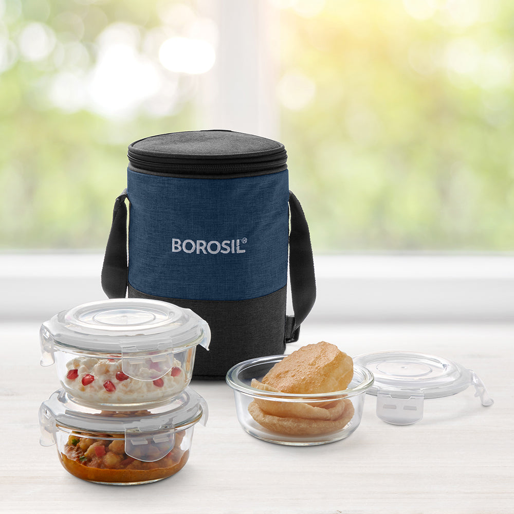 Elite Blue Grey Glass Lunch Box, Round x 3 (Tall), Set of 3, 400ml