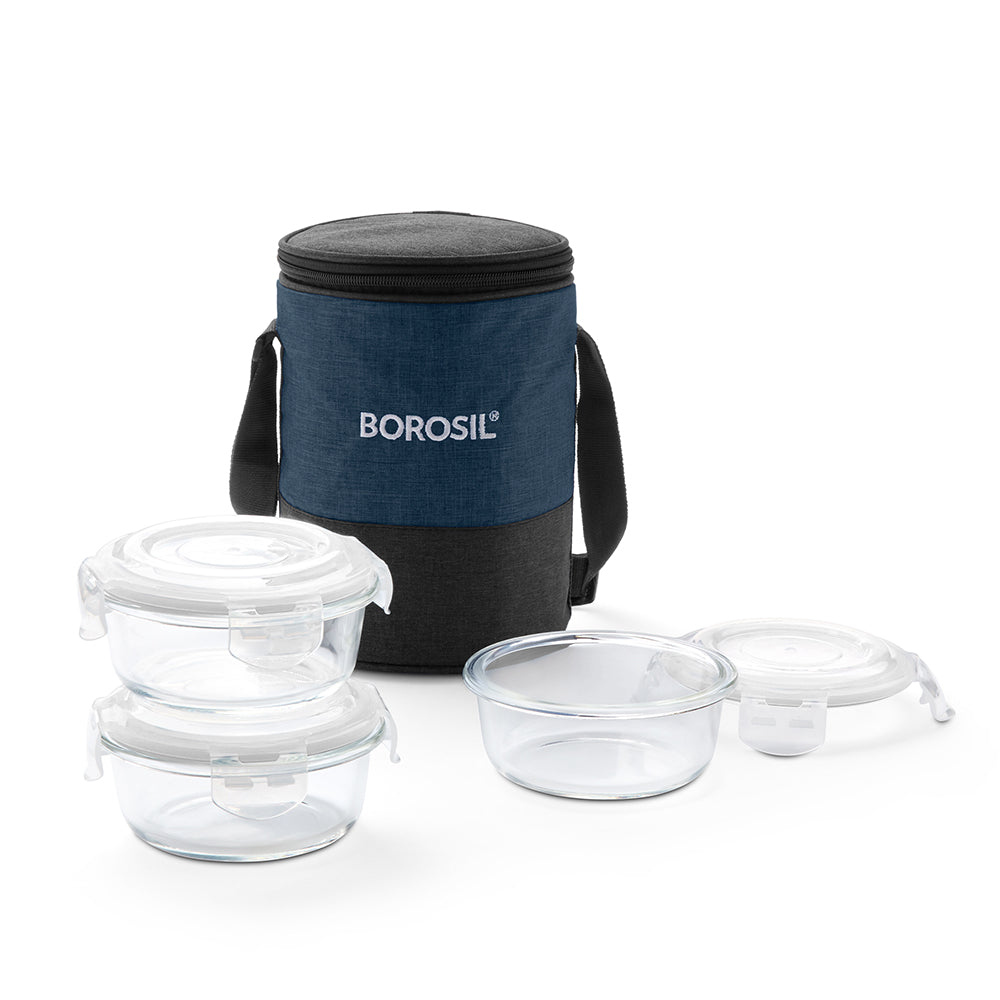 Elite Blue Grey Glass Lunch Box, Round x 3 (Tall), Set of 3, 400ml
