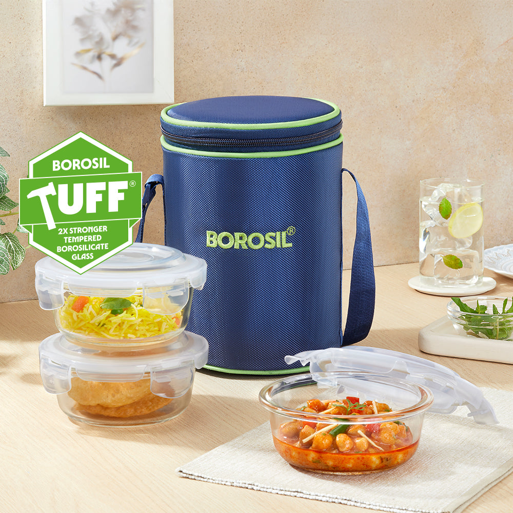 Borosil Blue Glass Lunchbox, Round x 3, 400ml x 3